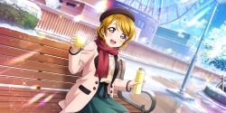 Rule 34 | 1girl, absurdres, argyle, argyle clothes, argyle sweater, beret, blush, brown hair, building, bush, coat, cup, day, ferris wheel, hat, highres, holding, holding cup, holding thermos, koizumi hanayo, lamppost, long sleeves, looking at viewer, love live!, love live! school idol festival all stars, official art, on bench, open mouth, outdoors, purple eyes, sash, scarf, short hair, sitting, skirt, sky, smile, snow, solo, sparkle, steam, sweater, thermos, winter