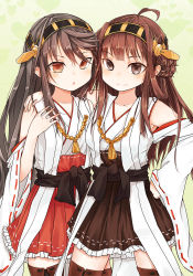 Rule 34 | 10s, bare shoulders, black hair, blush, breasts, brown eyes, brown hair, detached sleeves, double bun, hair ornament, hairband, haruna (kancolle), headgear, highres, japanese clothes, kantai collection, kongou (kancolle), long hair, nontraditional miko, open mouth, personification, skirt, smile, thighhighs, zuoweisaib