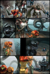 Rule 34 | alien, armor, cannon, comic, commentary request, dark samus, flying sweatdrops, hand up, hands on own chest, hands up, highres, ing (metroid), luminoth, metroid, metroid prime 2: echoes, metroid prime echoes, nintendo, power armor, sage (mami1210), samus aran, silent comic, sitting, sitting on head, sitting on person, smoke, standing