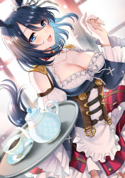 Rule 34 | 1girl, :d, abe hikaru, absurdres, animal ears, apron, bare shoulders, black hair, blue eyes, blush, breasts, choker, cleavage, collarbone, corset, cup, detached sleeves, dutch angle, eishin flash (umamusume), frilled apron, frilled skirt, frilled sleeves, frills, highres, holding, holding tray, horse ears, horse girl, horse tail, indoors, large breasts, long sleeves, open mouth, red choker, red skirt, saucer, short hair, skirt, smile, solo, spoon, striped clothes, striped skirt, tail, tea, teacup, teapot, tray, umamusume, vertical-striped clothes, vertical-striped skirt, waist apron, white apron, wide sleeves