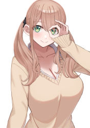 Rule 34 | 0-toki, 1girl, absurdres, black ribbon, blush, breasts, brown cardigan, brown hair, cardigan, cleavage, collarbone, collared shirt, dress shirt, green eyes, hair between eyes, hair ribbon, hand over eye, highres, large breasts, long hair, long sleeves, looking at viewer, open clothes, open shirt, original, ribbon, school uniform, shirt, simple background, sleeves past wrists, smile, solo, swept bangs, twintails, upper body, v-neck, white background, white shirt