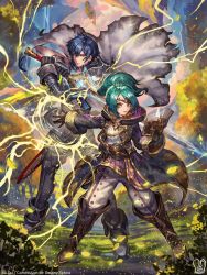 Rule 34 | 1boy, 1girl, ahoge, alternate hair color, alternate hairstyle, artist name, blue hair, book, boots, cape, chrom (fire emblem), coat, commission, electricity, fire emblem, fire emblem awakening, gloves, grass, green hair, highres, hood, looking at viewer, nintendo, robin (female) (fire emblem), robin (fire emblem), sa-dui, scabbard, serious, sheath, single sleeve, standing, sword, tiara, weapon