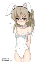 Rule 34 | 1girl, animal ears, bare shoulders, black bow, black hairband, blush, bow, bowtie, breasts, brown eyes, brown hair, closed mouth, collar, collarbone, covered navel, cowboy shot, cropped legs, dated, detached collar, fake animal ears, flipper, girls und panzer, hair bow, hairband, leotard, long hair, nose blush, one side up, pink bow, pink bowtie, playboy bunny, rabbit ears, shimada arisu, simple background, small breasts, solo, strapless, strapless leotard, twitter username, wavy mouth, white background, white collar, white leotard