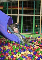 Rule 34 | 1boy, absurdres, arms up, ball pit, black hair, black pants, blue coat, blue necktie, closed eyes, coat, fang, feet out of frame, from side, highres, indoors, kome non, male focus, mashiro meme, mashiro meme (1st costume), mesh, necktie, nijisanji, open clothes, open coat, open mouth, pants, red scarf, scarf, shirt, short hair, signature, smile, solo, suspenders, virtual youtuber, water slide, white shirt