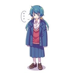 Rule 34 | ..., 1girl, absurdres, blazer, blue eyes, blue hair, blue jacket, blush stickers, brown footwear, closed mouth, collared shirt, commentary request, dress shirt, full body, hair ribbon, highres, idoly pride, jacket, kabotd, loafers, long sleeves, low twintails, okuyama sumire, open clothes, open jacket, oversized clothes, pantyhose, ribbon, school uniform, shadow, shirt, shoes, simple background, sleeves past fingers, sleeves past wrists, solo, spoken ellipsis, standing, sweater vest, thai commentary, twintails, white background, white pantyhose, white shirt, yellow ribbon