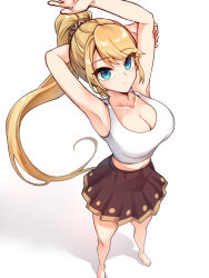 Rule 34 | 1girl, arm behind head, armpits, arms up, bare legs, barefoot, blonde hair, blue eyes, breasts, cleavage, collarbone, commentary request, dawn warrior (maplestory), dulldull, expressionless, from above, gold hairband, hairband, high ponytail, highres, large breasts, long hair, looking at viewer, maplestory, midriff, navel, pleated skirt, ponytail, purple hairband, shadow, sidelocks, simple background, skirt, solo, standing, swept bangs, tank top, white background