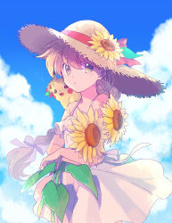 Rule 34 | 1girl, absurdres, bare shoulders, blonde hair, bow, closed mouth, cloud, commentary request, creatures (company), day, dress, flower, game freak, gen 1 pokemon, hair bow, hat, hat flower, hat ribbon, highres, holding, holding flower, long hair, nintendo, on shoulder, outdoors, pikachu, pokemon, pokemon (creature), pokemon adventures, pokemon on shoulder, ponytail, red ribbon, ribbon, sky, straw hat, white dress, yellow (pokemon), yellow flower, yui ko