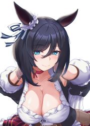 Rule 34 | 1girl, absurdres, animal ears, black hair, blouse, blue eyes, blush, bob cut, breasts, choker, cleavage, closed mouth, collarbone, detached sleeves, dirndl, ear ornament, ear scrunchie, eishin flash (umamusume), frilled shirt, frills, german clothes, hair between eyes, highres, horse ears, horse girl, large breasts, leaning forward, long sleeves, looking at viewer, medium hair, red choker, scrunchie, shirt, simple background, smile, solo, sora onii3, sweat, umamusume, white background, white scrunchie, white shirt