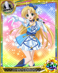 Rule 34 | 10s, 1girl, asia argento, bishop (chess), blonde hair, blue dress, card (medium), character name, chess piece, dress, green eyes, high school dxd, long hair, looking at viewer, official art, open mouth, solo, trading card