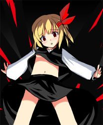 Rule 34 | 1girl, bad id, bad pixiv id, blonde hair, blush, breasts, embodiment of scarlet devil, fa no hito, female focus, hair ribbon, lowres, midriff, outstretched arms, red eyes, ribbon, rumia, short hair, small breasts, solo, spread arms, touhou, underboob, upshirt