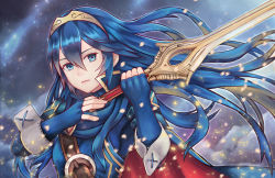 Rule 34 | 1girl, bad id, bad pixiv id, blue eyes, blue hair, blue scarf, blue shirt, cape, chrone, closed mouth, commentary, facing viewer, falchion (fire emblem), fingerless gloves, fire emblem, fire emblem awakening, gloves, hair between eyes, holding, holding sword, holding weapon, lucina (fire emblem), nintendo, scarf, shirt, solo, strap, sword, tiara, upper body, weapon