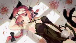 Rule 34 | 1girl, :o, animal ears, armpits, babydoll, bare shoulders, bell, black bow, bow, braid, cat ears, cat tail, choker, criss-cross halter, fang, flower, hair bow, halterneck, highres, kaenbyou rin, long hair, lying, multiple tails, navel, neck bell, on back, red eyes, red hair, skull, solo, sora4 164, spider lily, tail, touhou, twin braids, two tails