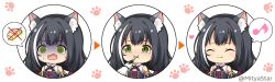 Rule 34 | 2girls, :i, :t, @ @, ^ ^, animal ear fluff, animal ears, arrow (symbol), bare shoulders, black hair, blue sleeves, blush, cat ears, chibi, closed eyes, closed mouth, commentary request, detached sleeves, eating, eighth note, fang, feeding, fork, gloves, green eyes, highres, holding, holding fork, karyl (princess connect!), larva, long hair, mitya, multicolored hair, multiple girls, multiple views, musical note, nose blush, open mouth, pecorine (princess connect!), princess connect!, shirt, simple background, sleeveless, sleeveless shirt, spoken musical note, streaked hair, sweat, tears, turn pale, twitter username, wavy mouth, white background, white gloves, white hair, white shirt