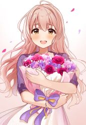 Rule 34 | 1girl, ahoge, birthday, blush, bouquet, bow, brown eyes, commentary request, cowboy shot, dot nose, dress, falling petals, fingernails, flower, hair between eyes, highres, holding, holding bouquet, idolmaster, idolmaster cinderella girls, jacket, jewelry, long hair, looking at viewer, medium bangs, mmmakaron888, necklace, open clothes, open jacket, open mouth, petals, pink flower, pink hair, pink rose, purple bow, purple flower, purple jacket, ribbon, rose, saionji kotoka, short-sleeved jacket, short sleeves, sidelocks, simple background, smile, standing, straight-on, teeth, tongue, upper teeth only, wavy hair, white background, white dress, white flower, yellow ribbon