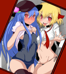 Rule 34 | 2girls, artist request, black legwear, black panties, blonde hair, blouse, blue hair, blush, bow, breasts, clothes lift, dateya torahachi, fang, flat chest, food, fruit, full-face blush, hair bow, hat, hinanawi tenshi, long hair, long sleeves, looking at viewer, multiple girls, open mouth, panties, peach, puffy short sleeves, puffy sleeves, red eyes, rumia, school swimsuit, shirt, shirt lift, short hair, short sleeves, side-tie panties, skindentation, skinny, small breasts, swimsuit, swimsuit under clothes, tears, thighhighs, tongue, tongue out, touhou, underwear, wavy mouth
