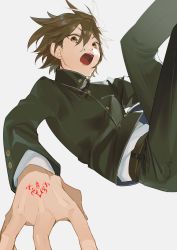 Rule 34 | 1boy, black pants, black shirt, brown eyes, brown hair, command spell, commentary request, eyebrows hidden by hair, falling, fate/extra, fate/extra ccc, fate (series), feet out of frame, hair between eyes, highres, hino hinako, kishinami hakuno (male), long sleeves, looking at viewer, male focus, open mouth, pants, school uniform, shirt, solo, teeth, tongue, tsukumihara academy uniform (fate/extra ccc), white background
