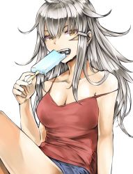 Rule 34 | 1girl, alternate costume, breasts, eating, scar on face, food, gangut (kancolle), hair between eyes, ice cream, kantai collection, kurou (bcrow), large breasts, long hair, looking at viewer, orange eyes, red shirt, scar, scar on cheek, scar on face, shirt, short shorts, shorts, silver hair, sitting, solo