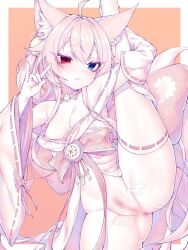Rule 34 | 1girl, ahoge, animal ear fluff, animal ears, anus, blue eyes, blur censor, breasts, censored, copyright request, detached sleeves, fox ears, fox girl, fox shadow puppet, heterochromia, highres, kupa (jesterwii), leg up, long hair, looking at viewer, monochrome, nontraditional miko, orange background, pussy, red eyes, small breasts, solo, split, standing, standing on one leg, standing split, thighhighs, two-tone background, virtual youtuber, white background, white sleeves, white thighhighs, wide sleeves