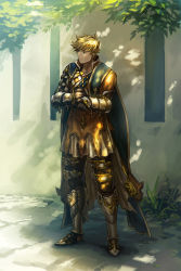 1boy armor armored_boots black_gloves black_pants blonde_hair blue_cloak boots cloak closed_mouth cocodar day gloves granblue_fantasy green_eyes male_focus outdoors pants short_hair smile solo vambraces vane_(granblue_fantasy)