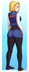 Rule 34 | 1girl, android 18, artist name, ass, blonde hair, blue eyes, breasts, denim, denim skirt, dragon ball, dragonball z, from behind, full body, highres, large breasts, long sleeves, looking at viewer, looking back, miniskirt, no shoes, pantyhose, razalor, short hair, skirt, solo
