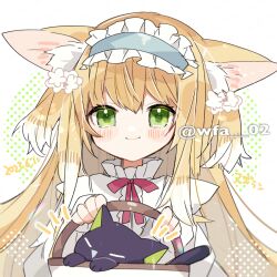 Rule 34 | 1girl, animal ear fluff, animal ears, arknights, artist name, basket, black cat, blonde hair, blue hairband, blush, cat, closed mouth, commentary, crossover, fox ears, fox girl, frilled hairband, frills, green eyes, hair ornament, hair scrunchie, hairband, holding, holding basket, itsuki 02, looking at viewer, luo xiaohei, luo xiaohei zhanji, multicolored hair, neck ribbon, official alternate costume, red ribbon, ribbon, scrunchie, shirt, smile, solo, suzuran (arknights), suzuran (spring praise) (arknights), twitter username, two-tone hair, white hair, white shirt