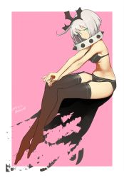 Rule 34 | 1girl, 2017, ahoge, aqua eyes, bare arms, bare shoulders, black bra, black panties, black thighhighs, bob cut, bra, breasts, closed mouth, collar, crossed legs, dated, elphelt valentine, facing away, fingernails, frown, full body, garter straps, groin, guilty gear, guilty gear xrd, head tilt, highres, leaning, leaning forward, looking at viewer, midriff, navel, panties, short hair, sitting, solo, spiked collar, spikes, spoilers, stomach, thighhighs, tiara, twitter username, underboob, underwear, white collar, white hair, zaki (narashigeo), zettai ryouiki
