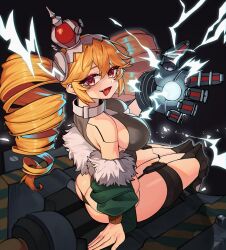 Rule 34 | 1girl, absurdres, black panties, breasts, commentary request, commission, crown, drill hair, electricity, gloves, highres, large breasts, long hair, looking at viewer, orange hair, original, panties, qwas69, red eyes, robot girl, single glove, sitting, solo, twin drills, underwear