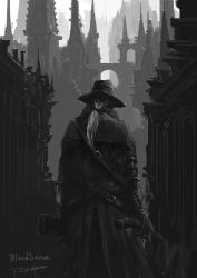 Rule 34 | belt, bloodborne, building, castle, coat, from behind, gloves, greyscale, gun, hat, highres, holding, holding weapon, hunter (bloodborne), monochrome, ponytail, saw, saw cleaver, signature, solo, standing, tripdancer, weapon