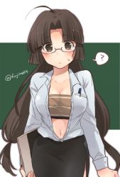 Rule 34 | 10s, 1girl, ?, ahoge, alternate costume, bespectacled, blush, breasts, brown eyes, brown hair, cleavage, fuji fujino, glasses, kantai collection, large breasts, long hair, notebook, pencil skirt, shouhou (kancolle), side slit, skirt, solo, sweat, teacher, unbuttoned