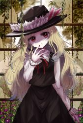 Rule 34 | 1girl, black hat, black skirt, black vest, blonde hair, blurry, blurry background, blurry foreground, breasts, closed mouth, cowboy shot, depth of field, dolls in pseudo paradise, eyebrows visible through hat, fingernails, flower, flower request, frills, hand to own mouth, hat, head tilt, highres, jacket girl (dipp), kayon (touzoku), long hair, long sleeves, looking at viewer, nail polish, plant, purple flower, red eyes, red nails, red neckwear, red ribbon, ribbon, sharp fingernails, skirt, small breasts, smile, solo, standing, touhou, very long hair, vest, vines, window