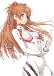 Rule 34 | 1girl, absurdres, blue eyes, breasts, brown hair, covered navel, cowboy shot, eyepatch, funyariko, groin, hair over one eye, highres, holding own wrist, interface headset, long hair, looking at viewer, neon genesis evangelion, open mouth, plugsuit, rebuild of evangelion, small breasts, solo, souryuu asuka langley, thighhighs, white background