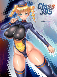 Rule 34 | bad id, bad pixiv id, breasts, cameltoe, covered erect nipples, drill hair, habutae kyusetsu, highres, huge breasts, impossible clothes, leotard, personification, smile, solo, thighhighs, thong leotard, train, twin drills, v