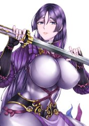 Rule 34 | 1girl, armor, bodysuit, breasts, cowboy shot, fate/grand order, fate (series), hair between eyes, highres, holding, holding sword, holding weapon, japanese armor, katana, kote, large breasts, long hair, looking at viewer, minamoto no raikou (fate), nattapuumuu, purple bodysuit, purple eyes, purple hair, simple background, smile, solo, sword, very long hair, weapon, white background