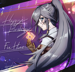 Rule 34 | 1girl, ascot, blue eyes, blue hair, brown gloves, brown jacket, brown sleeves, character name, detective, fu hua, fu hua (hawk of the fog), fu hua (valkyrie accipiter), gloves, grey hair, hair between eyes, happy birthday, high ponytail, honkai (series), honkai impact 3rd, jacket, long hair, long sleeves, looking at viewer, monocle, off-shoulder jacket, off shoulder, official alternate costume, open clothes, open jacket, ponytail, purple ascot, purple background, shirt, smile, solo, twitter username, upper body, white shirt, yaeyama reishi