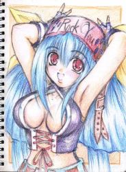 Rule 34 | 1girl, :d, arc system works, armpits, belt, blue hair, blush, bow, breasts, buckle, cleavage, cosplay, cross-laced clothes, crossdressing, dizzy (guilty gear), english text, fingerless gloves, gloves, guilty gear, hair between eyes, hair ribbon, hairband, large breasts, long hair, looking at viewer, open mouth, red eyes, ribbon, smile, solo, traditional media, very long hair