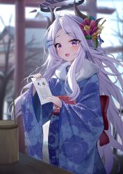 Rule 34 | 1girl, absurdres, alternate costume, black horns, blue archive, blue kimono, blush, day, demon horns, grey hair, halo, highres, hina (blue archive), horns, japanese clothes, kimono, leepy, long hair, long sleeves, looking at viewer, multiple horns, obi, omikuji, open mouth, outdoors, purple eyes, sash, smile, solo, torii, wide sleeves