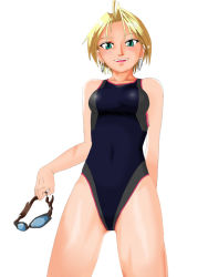 Rule 34 | 1girl, amagin, bad id, bad pixiv id, blonde hair, competition swimsuit, goggles, green eyes, king (snk), one-piece swimsuit, ryuuko no ken, short hair, snk, solo, swimsuit, the king of fighters