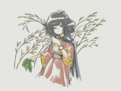 Rule 34 | 1980s (style), 1girl, bad id, bad twitter id, black cape, black eyes, black hair, black sash, breasts, brooch, brown dress, cape, commentary request, dress, head tilt, holding, holding leaf, jewelry, leaf, long sleeves, oldschool, one eye closed, original, retro artstyle, sash, short hair, simple background, small breasts, takemoto izumi (style), traditional media, v-shaped eyebrows, wheat, white background, wide sleeves, yatyou