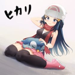 Rule 34 | 1girl, absurdres, beanie, blue eyes, blue hair, blush, boots, bracelet, brown thighhighs, character name, closed mouth, commentary, creatures (company), dawn (pokemon), eyelashes, game freak, gen 4 pokemon, hair ornament, hairclip, hat, highres, jewelry, long hair, nintendo, on lap, pink footwear, piplup, pokemon, pokemon (creature), pokemon dppt, pokemon on lap, reccu, red scarf, scarf, sitting, sleeveless, smile, thighhighs, white headwear