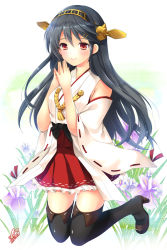 Rule 34 | 10s, 1girl, alternate eye color, azuma yuki, bad id, bad pixiv id, bare shoulders, black hair, black thighhighs, breasts, detached sleeves, grass, hair between eyes, hair ornament, hairband, haruna (kancolle), japanese clothes, kantai collection, kneeling, light smile, long hair, looking at viewer, medium breasts, nontraditional miko, own hands together, pleated skirt, red eyes, red skirt, ribbon-trimmed sleeves, ribbon trim, signature, sitting, skirt, skirt set, solo, steepled fingers, thighhighs, thighs, wide sleeves