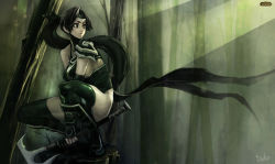 Rule 34 | 1girl, akali, akali (legacy), armor, bare shoulders, black eyes, black hair, breasts, duto, elbow gloves, fingerless gloves, gloves, green gloves, green thighhighs, headgear, holding, holding weapon, league of legends, long hair, looking to the side, parted lips, pauldrons, ponytail, shoulder armor, sickle, sideboob, signature, solo, squatting, thighhighs, torn clothes, tree, twig, weapon