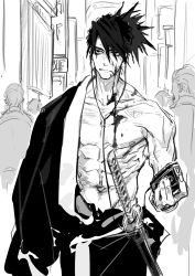 Rule 34 | 1boy, 4others, abs, bare pectorals, bare shoulders, blood, blood on face, cassette player, closed mouth, collarbone, earbuds, earphones, greyscale, hair between eyes, highres, holding, japanese clothes, katana, katana zero, kimono, male focus, manly, monochrome, multiple others, navel, ogata tomio, pectorals, ponytail, scabbard, sheath, sheathed, short hair, sketch, solo focus, stomach, sword, toned, toned male, weapon, zero (katana zero)