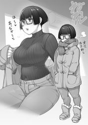Rule 34 | 1girl, air conditioner, blunt bangs, blush, boots, breasts, breath, covered navel, fingernails, fur-trimmed boots, fur trim, glasses, greyscale, hands in pockets, heart, indoors, jacket, large breasts, monochrome, neone, open mouth, original, plump, ribbed sweater, scarf, short hair, sitting, solo, standing, sweater, teeth, thick thighs, thighs, turtleneck, turtleneck sweater, winter clothes