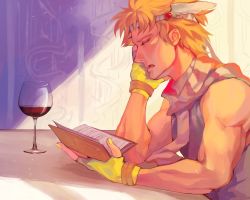 Rule 34 | 1boy, alcohol, blonde hair, book, caesar anthonio zeppeli, elbow rest, from side, glass, grat-k, head rest, headband, holding, holding book, jojo no kimyou na bouken, male focus, muscular, nail polish, open mouth, profile, scarf, signature, solo, striped clothes, striped scarf, upper body, wine, winged hair ornament, yellow nails