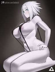 Rule 34 | 1girl, areola slip, black background, black one-piece swimsuit, blue eyes, breasts, destiny (game), donburi (donburikazoku), gradient background, hand on own hip, highres, large breasts, looking at viewer, mara sov, navel, one-piece swimsuit, pale skin, patreon username, short hair, simple background, sitting, slingshot swimsuit, solo, swimsuit, wariza, white hair
