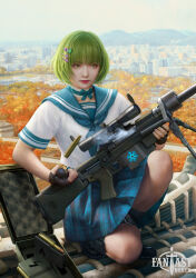 Rule 34 | 1girl, ammunition, black footwear, black gloves, blue ribbon, blue sailor collar, blue skirt, bob cut, city, copyright name, day, fantasy north, fingerless gloves, gloves, green eyes, green hair, gun, hair ornament, hairclip, highres, holding, holding gun, holding weapon, lipstick, lulu beliville, makeup, mario wibisono, on roof, outdoors, plaid, plaid skirt, ribbon, sailor collar, school uniform, serafuku, shell casing, short hair, short sleeves, skirt, solo, squatting, thigh strap, weapon, weapon case, weapon request