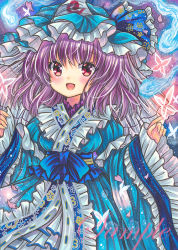 Rule 34 | 1girl, alternate hair color, blue bow, blue bowtie, blue hat, blue kimono, bow, bowtie, breasts, bug, butterfly, cherry blossoms, floral print, frilled hat, frilled kimono, frilled sleeves, frills, hat, hitodama, insect, japanese clothes, kimono, long sleeves, marker (medium), medium breasts, medium hair, mob cap, petals, purple hair, rui (sugar3), saigyouji yuyuko, sample watermark, solo, touhou, traditional media, triangular headpiece, watermark, wide sleeves