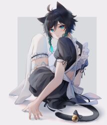 Rule 34 | 1boy, ahoge, alternate costume, animal ears, apron, aqua eyes, aqua hair, back cutout, bell, black bow, black dress, black hair, black ribbon, blush, bow, braid, cat boy, cat ears, cat girl, chinese commentary, clothing cutout, commentary request, crossdressing, dress, enmaided, eyelashes, frilled apron, frilled dress, frilled thighhighs, frills, from behind, full body, genshin impact, gradient hair, grey background, hair between eyes, highres, jingle bell, knees up, leg tattoo, looking at viewer, looking back, maid, male focus, medium hair, multicolored hair, parted lips, puffy short sleeves, puffy sleeves, ribbon, short sleeves, side braids, simple background, sitting, solo, swept bangs, tail, tail bell, tail bow, tail ornament, tattoo, thighhighs, trap, twin braids, two-tone background, venti (genshin impact), white apron, white background, white thighhighs, yin01582942
