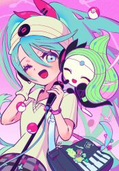 Rule 34 | 1girl, bag, beanie, blue eyes, blue hair, bracelet, closed eyes, collared shirt, creatures (company), game freak, gen 5 pokemon, gloves, grey skirt, hair between eyes, hair ribbon, hand on headphones, hands up, hat, hatsune miku, headphones, highres, holding, holding microphone stand, jewelry, legendary pokemon, long hair, meloetta, meloetta (aria), microphone stand, musical note, mythical pokemon, nintendo, one eye closed, open mouth, phaysungyen, piano print, pink background, plaid, plaid skirt, poke ball, poke ball (basic), pokemon, pokemon (creature), polo shirt, project voltage, psychic miku (project voltage), red ribbon, ribbon, shirt, short sleeves, shoulder bag, single glove, skirt, smile, solo, twintails, very long hair, vocaloid, white gloves, white headwear, white shirt