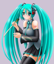 Rule 34 | 1girl, detached sleeves, green hair, hatsune miku, long hair, necktie, skirt, solo, spring onion, thighhighs, twintails, very long hair, vocaloid, yamaguchi ugou